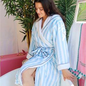 NEW Truly Beauty Mykonos Luxury Robe powder blue and white striped